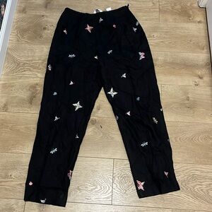 Talbots Black Irish Linen Embroidered Butterfly Pant Size 8
